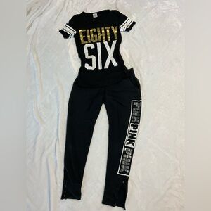 Vintage PINK Victoria Secret Black and Gold 'Eighty Six' Top and Pants S…